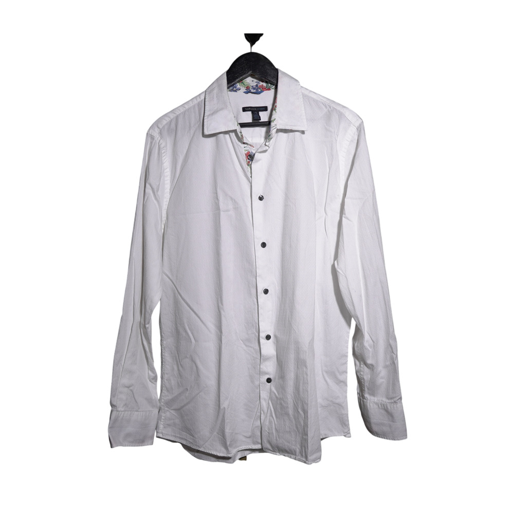 Van Heusen Mens White Slim Fit Button Down Shirt L 100% Cotton Black Buttons EUC